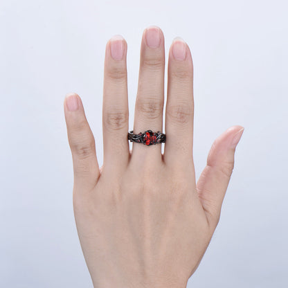 Unique gothic cushion cut garnet wedding ring set black gold natural inspired January birthstone engagement ring for women 2pcs bridal set - PENFINE