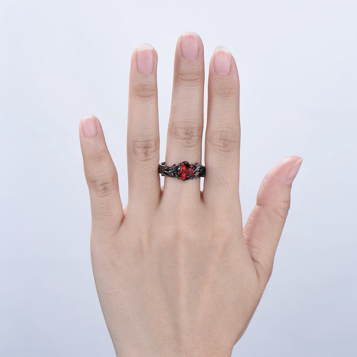 Unique gothic cushion cut garnet wedding ring set black gold natural inspired January birthstone engagement ring for women 2pcs bridal set - PENFINE