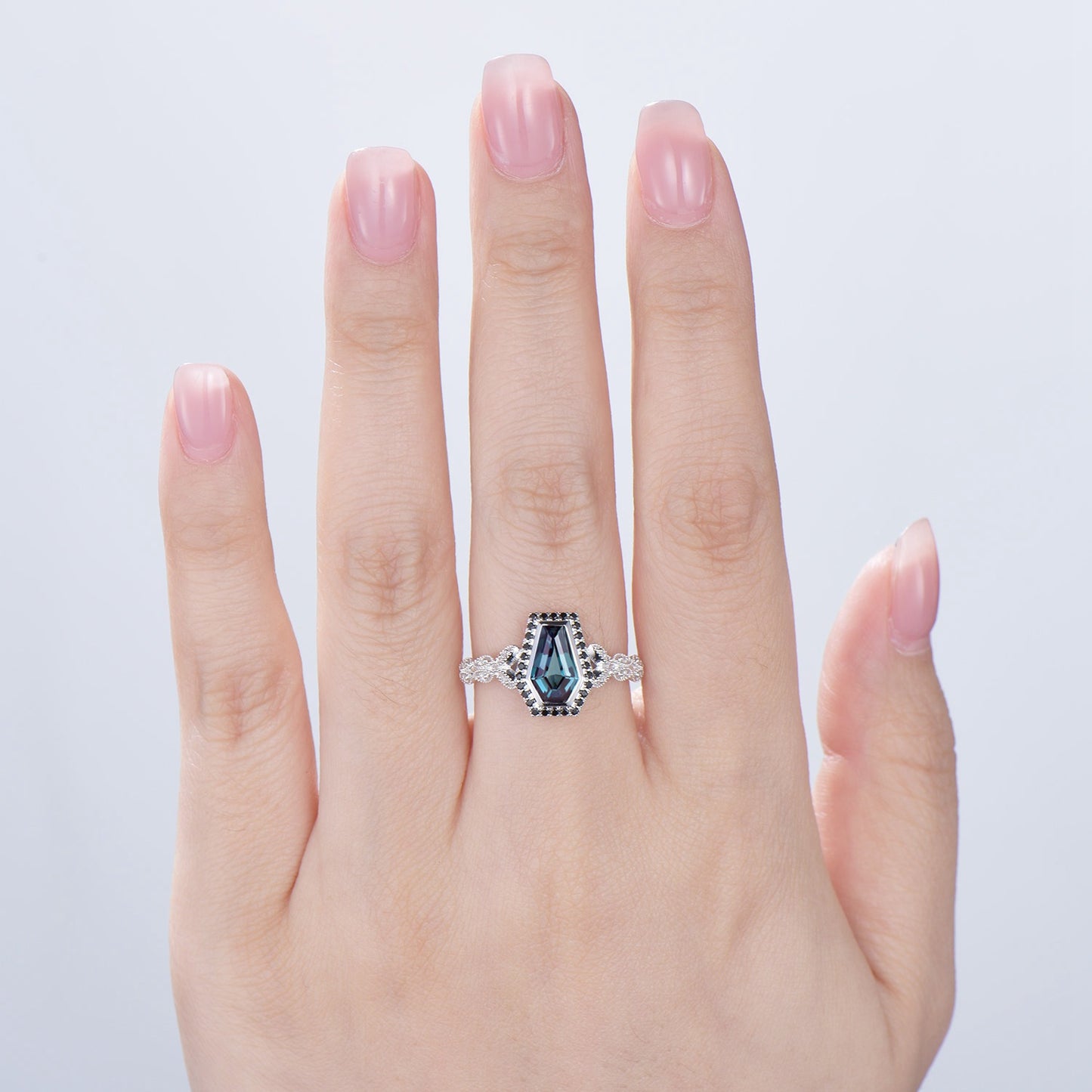 Unique Coffin shaped Alexandrite engagement ring Halo Black diamond retro wedding ring Gothic Limited  Color Change split shank promise Ring - PENFINE