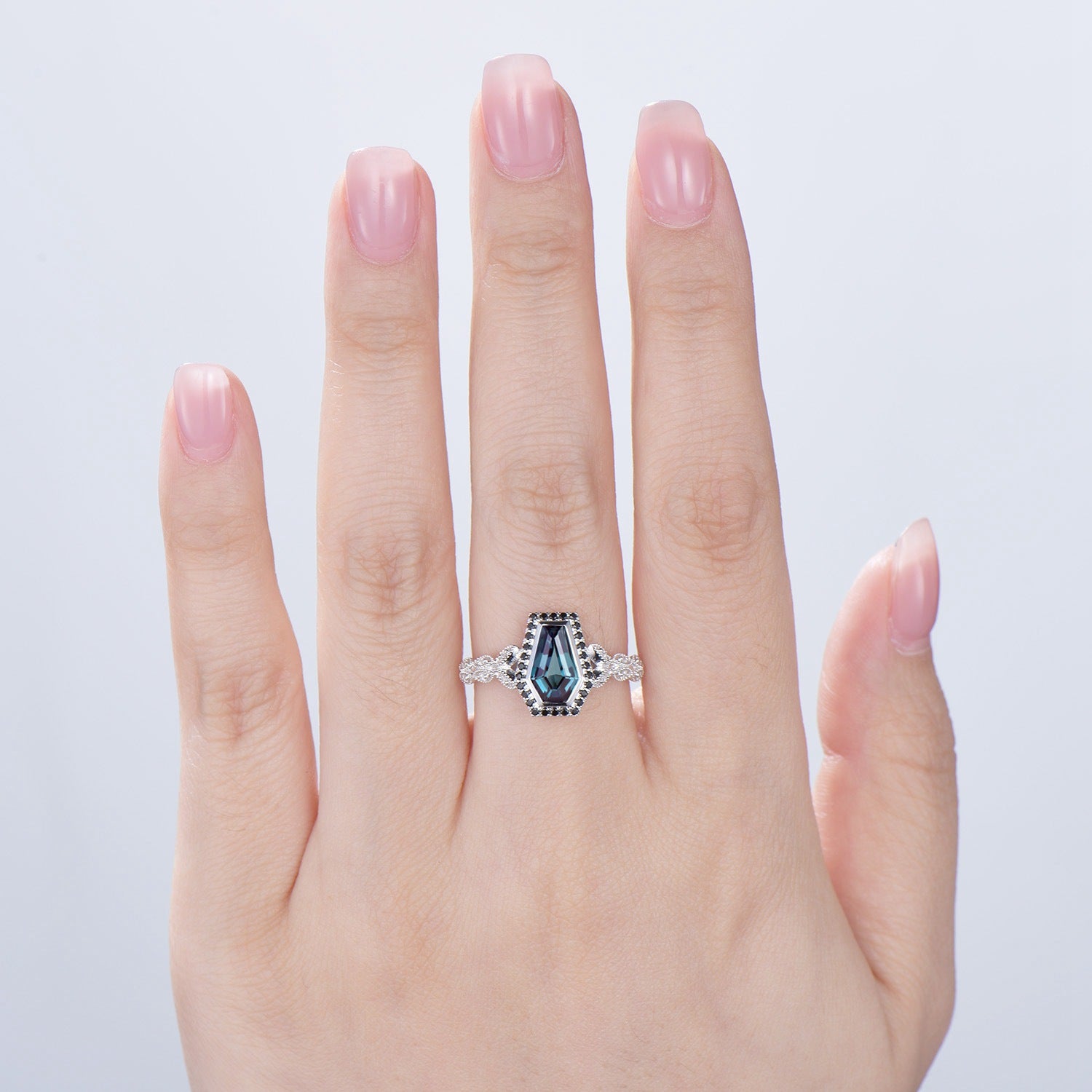 Unique Coffin shaped Alexandrite engagement ring Halo Black diamond retro wedding ring Gothic Limited  Color Change split shank promise Ring - PENFINE