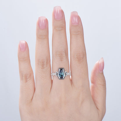 Unique Coffin shaped Alexandrite engagement ring Halo Black diamond retro wedding ring Gothic Limited  Color Change split shank promise Ring - PENFINE