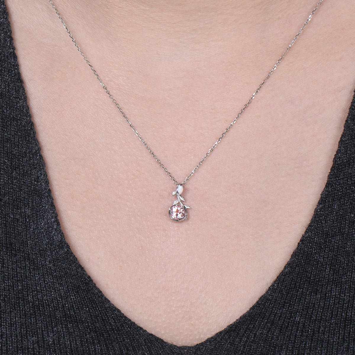 Elegant Pink Morganite Necklace Pendant, 5mm Round Cut Pink Gemstone Moon Pendant, Leaf Vine Natural Inspired Anniversary Gift for Her
