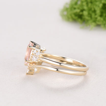 Oval Morganite Wedding Ring Set Rose Gold Morganite Diamond Engagement Ring Set Vintage Leaf Stacking Ring Natural Inspired Promise Ring