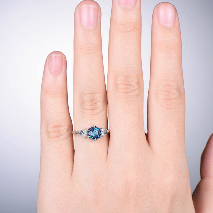 Unique hexagon alexandrite engagement ring Magic celestial moon color change engagement ring vintage crescent wedding ring gift for women - PENFINE