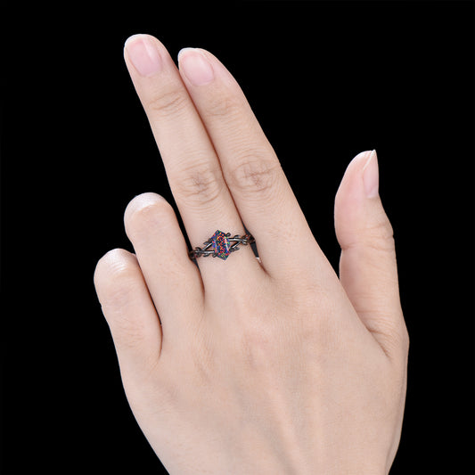 Long Hexagon Black Opal Engagement Ring Gothic Twig Vine Leaf Cluster Garnet Ring