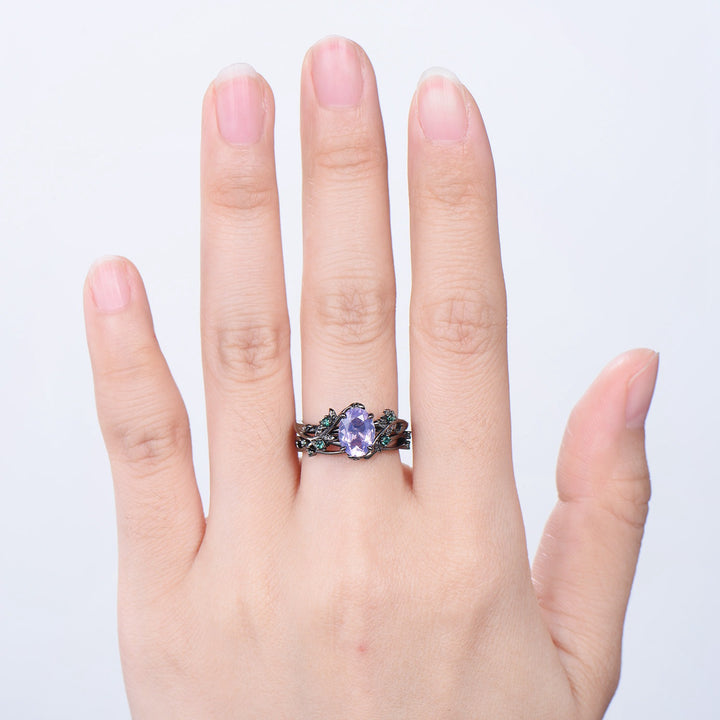 Gothic Oval Lavender Amethyst & Emerald Engagement Ring in Black Gold - Nature Inspired Elvish Vine Band - PENFINE