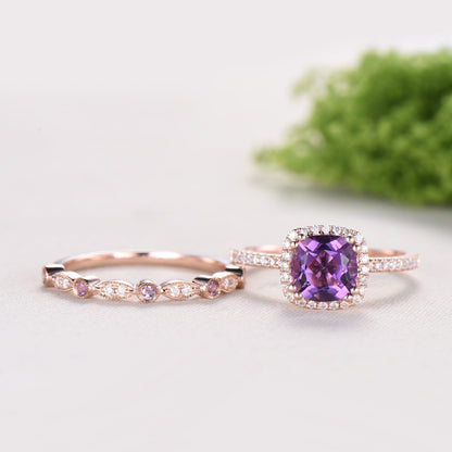 Cushion cut amethyst wedding ring set 14k rose gold vintage antique amethyst engagement ring set for women Art deco halo diamond bridal set - PENFINE