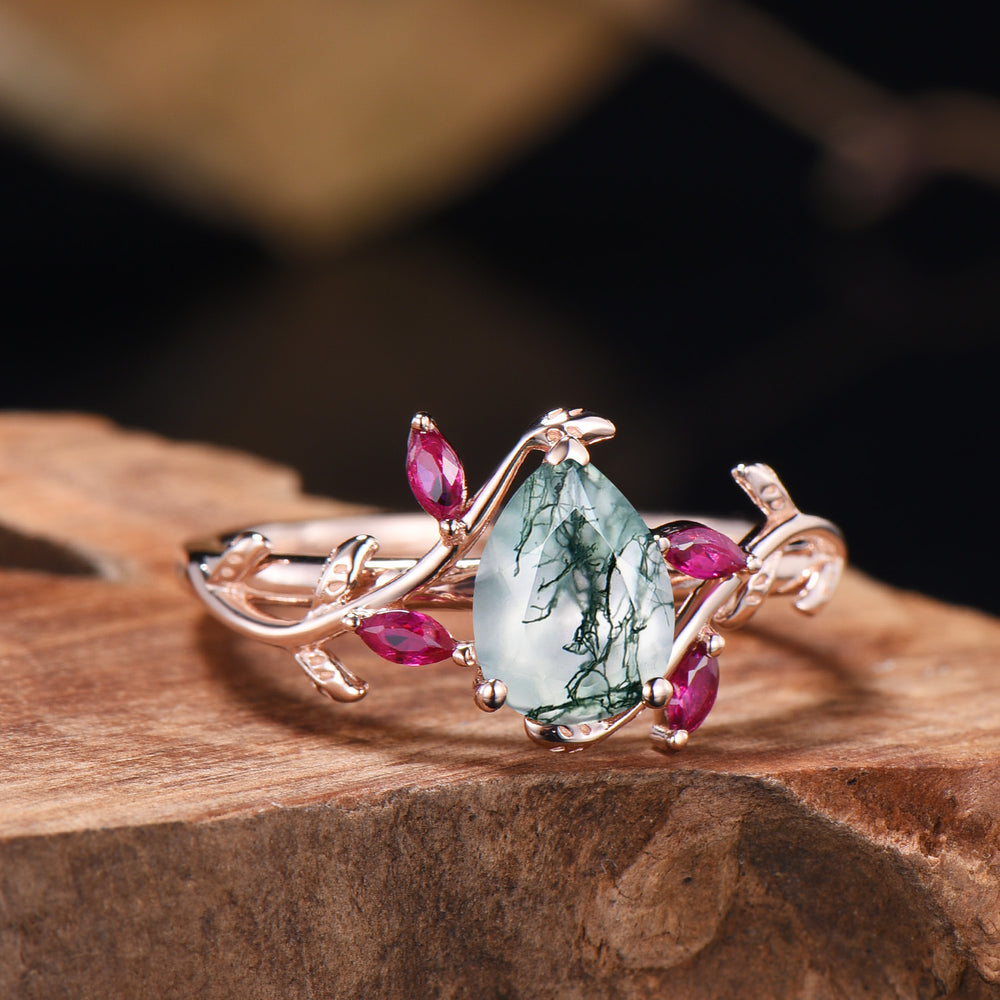 Nature Inspired Moss Agate Ring Leaf Marquise Cut Ruby Ring - PENFINE