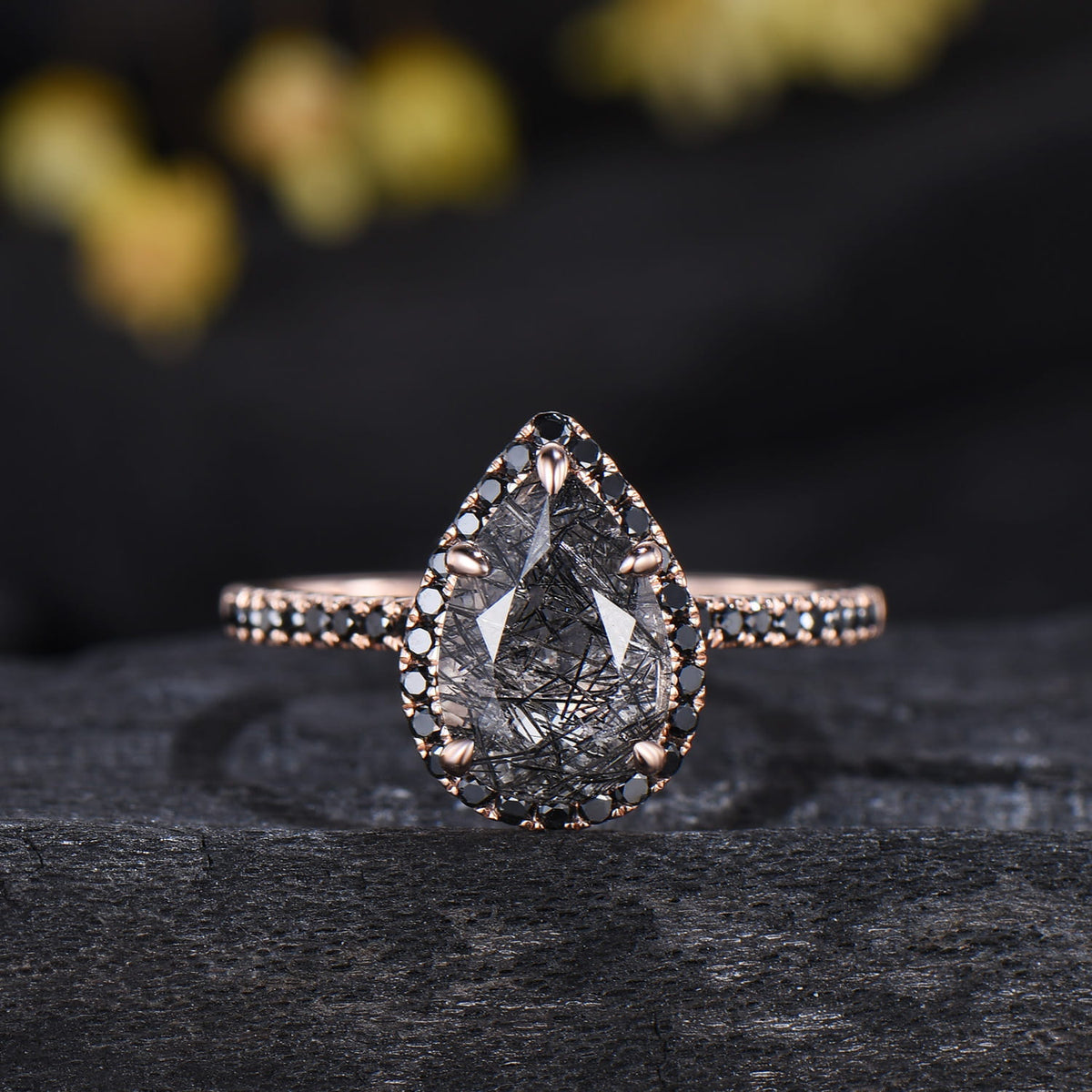 Unique Pear Black Rutilated Quartz Ring Set Midnight Crescent Rose Gold
