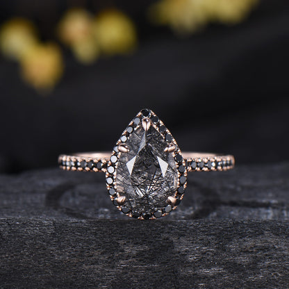 Unique Pear Black Rutilated Quartz Ring Set Midnight Crescent Rose Gold