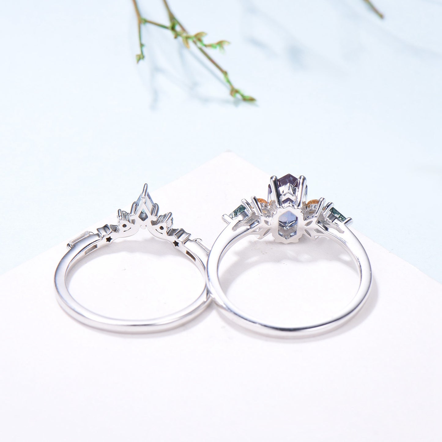 Vintage Elongated Hexagon Alexandrite Bridal Set with Citrine Moss Agate Cluster - PENFINE