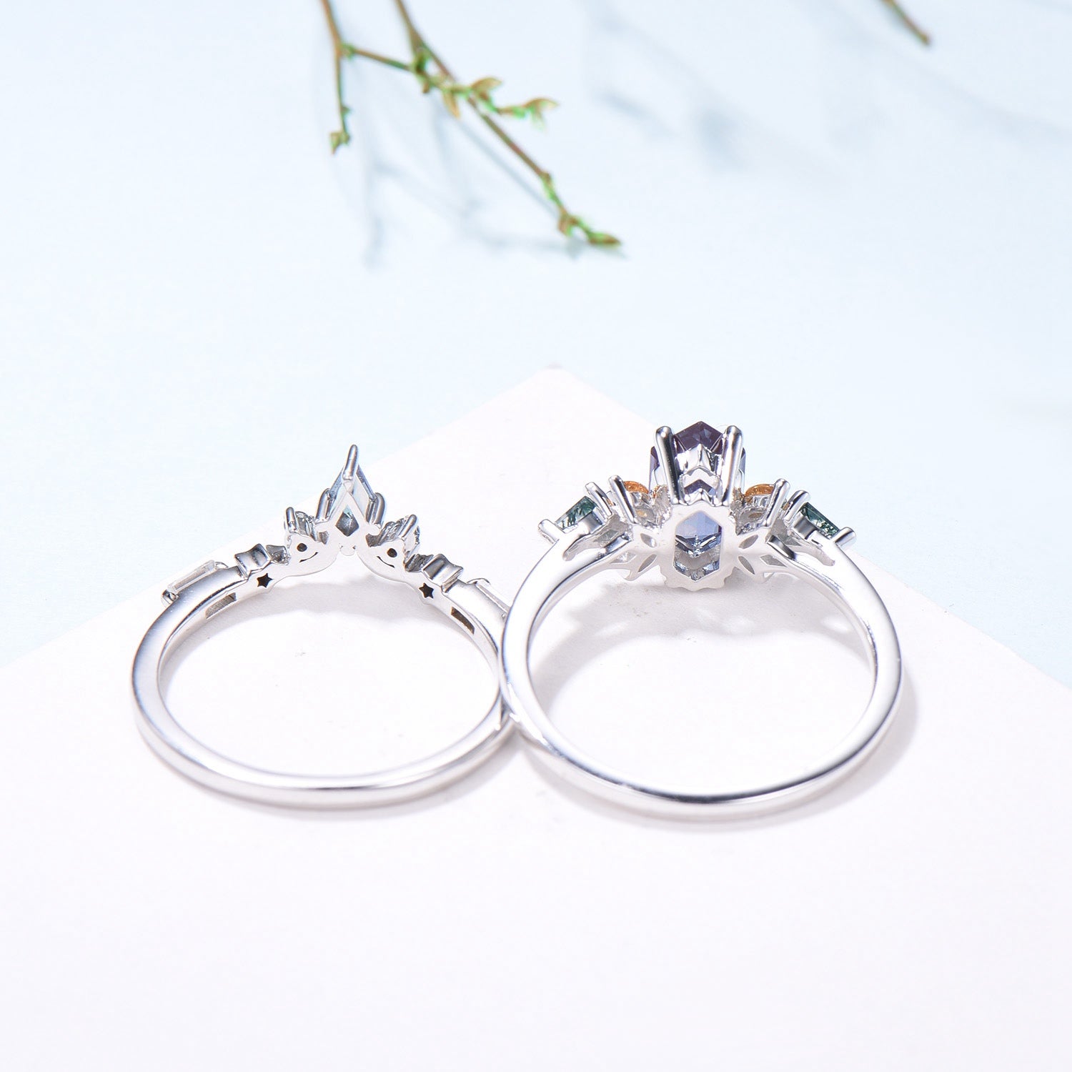 Vintage Elongated Hexagon Alexandrite Bridal Set with Citrine Moss Agate Cluster - PENFINE