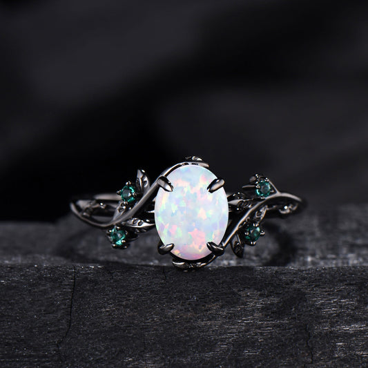 Gothic Black Gold Oval Opal Engagement Ring Set Nature Inspired Leaf Vine Emerald Wedding Set
