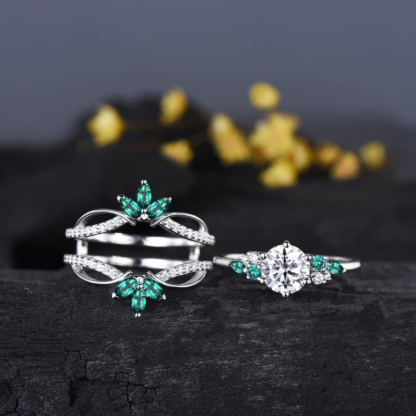 Unique 1CT Brilliant Moissanite Wedding Ring Set, Snowdrift Moissanite Emerald Engagement Ring Set