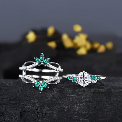 Unique 1CT Brilliant Moissanite Wedding Ring Set, Snowdrift Moissanite Emerald Engagement Ring Set