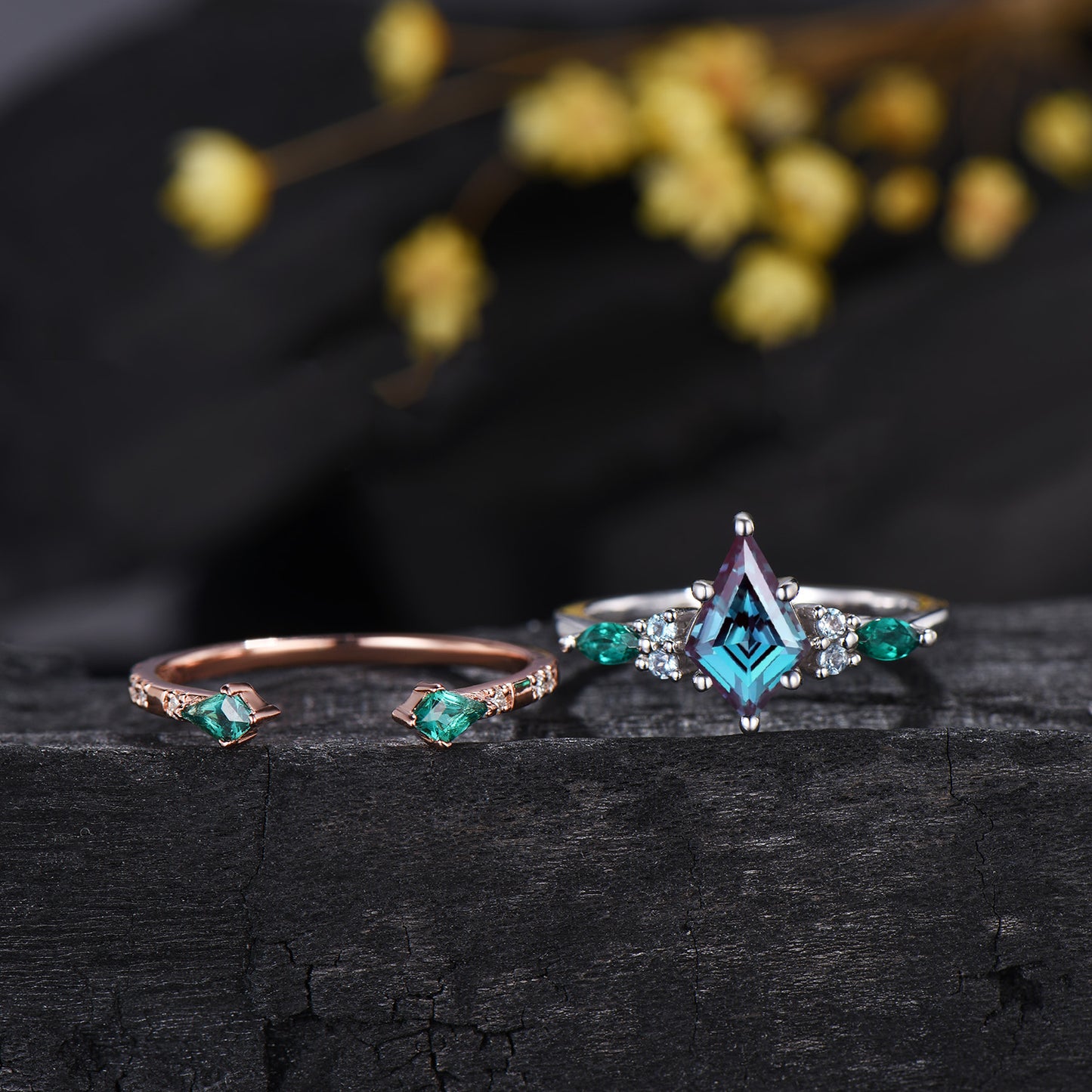 Vintage Kite Cut Alexandrite Engagement Ring Set, Art Deco Marquise Emerald Bridal Set, Unique Open Gap Stacking Band Wedding Set for Women
