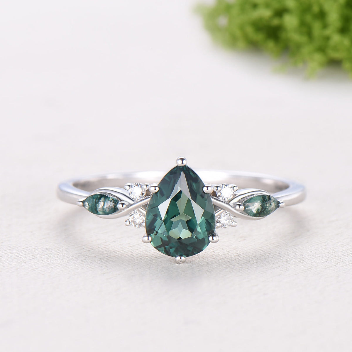 Vintage Pear Shaped Green Teal Sapphire Engagement Ring Set Unique 14k Rose Gold Vine Moss Agate Bridal Set Anniversary Promise Ring Gift