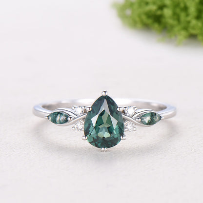 Vintage Pear Shaped Green Teal Sapphire Engagement Ring Set Unique 14k Rose Gold Vine Moss Agate Bridal Set Anniversary Promise Ring Gift