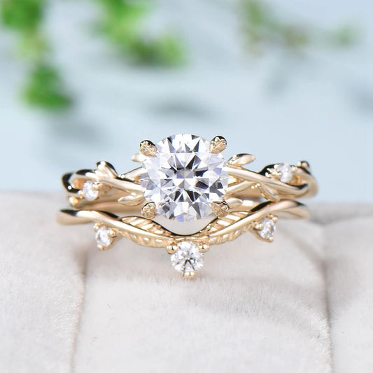 1CT Round Brilliant Moissanite Engagement Ring Set Nature Inspired Branch Twig Moissanite Wedding Set Unique Leaf anniversary promise ring - PENFINE