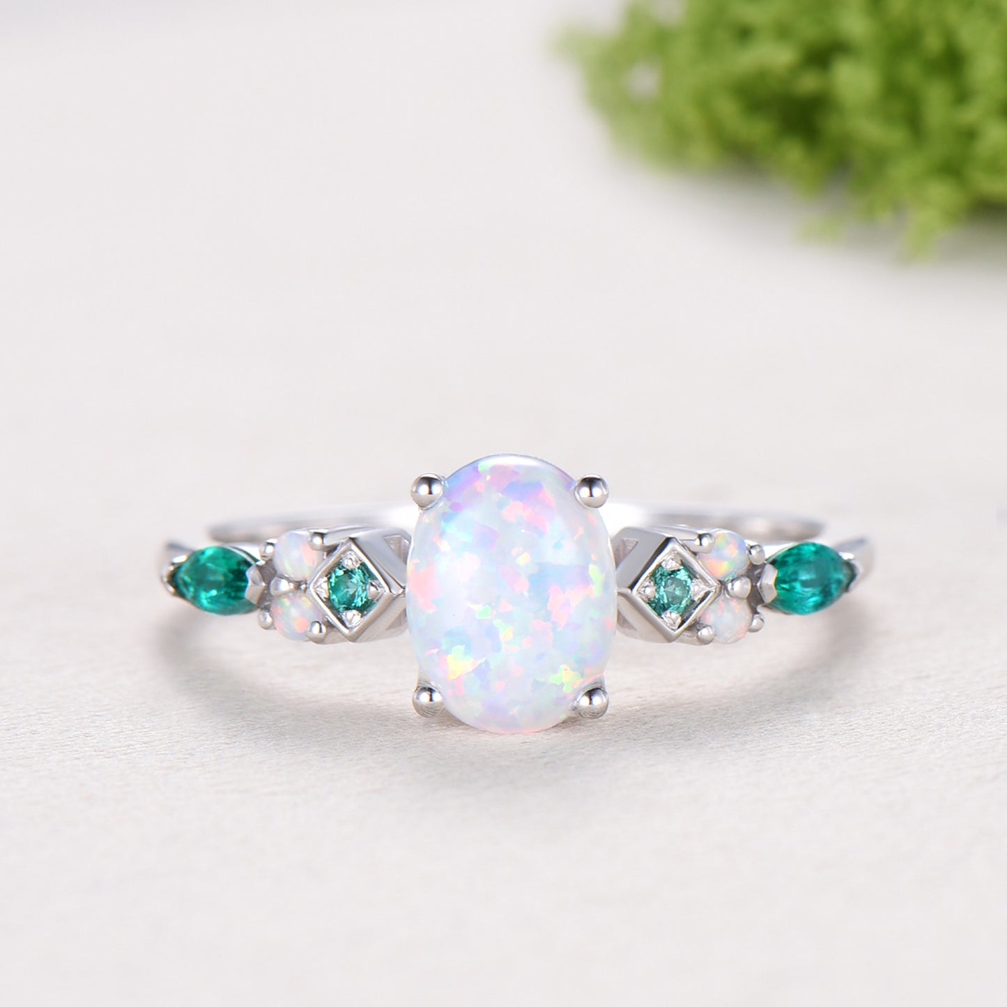 Vintage Art Deco Oval Opal Emerald Bridal Set Cluster Chevron Opal Stacking Ring Set