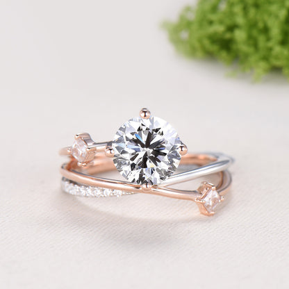 Unique Two Tone Moissanite Engagement Ring 7mm Round Cut Split Shank Rose White Gold Wedding Ring Twisted Diamond Band Anniversary Gift