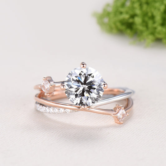 Unique Two Tone Moissanite Engagement Ring 7mm Round Cut Split Shank Rose White Gold Wedding Ring Twisted Diamond Band Anniversary Gift