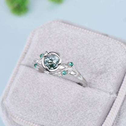Retro Round Moss Agate Engagement Ring Rose Gold Nature Inspired Twig Green Agate Leaf  Wedding Ring Cluster Emerald Branch Anniversary Gift - PENFINE