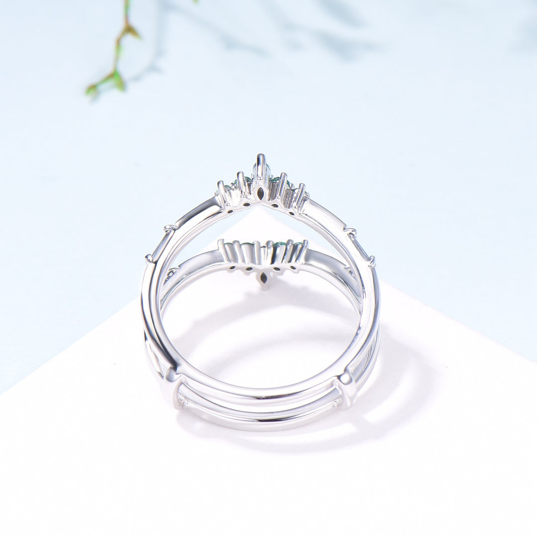 Double Curved Alexandrite Emerald Wedding Band Sterling Silver Contour Enhancer Stacking Marquise Baguette Matching Band Anniversary Gifts - PENFINE