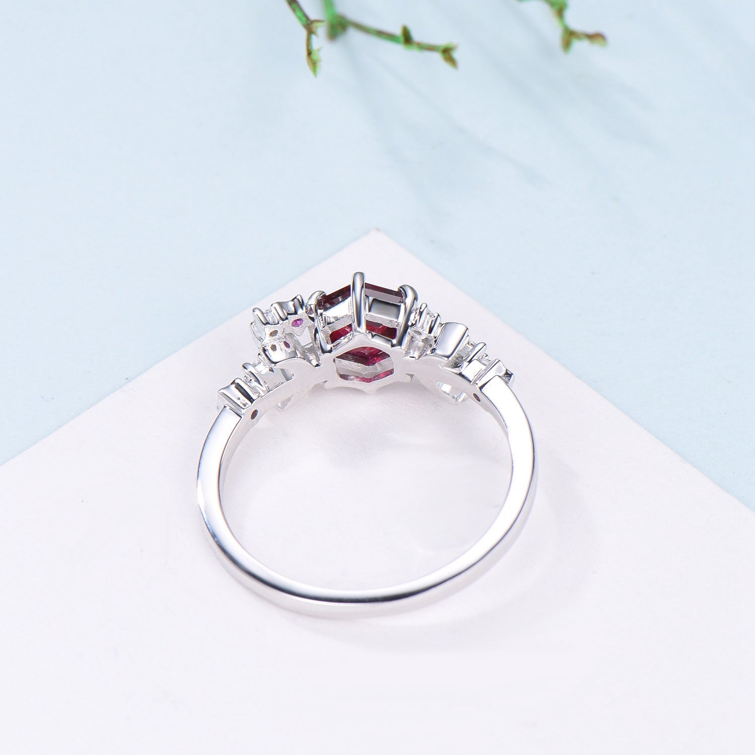 Galaxy Star ruby engagement ring crescent moon hexagon cut Lab ruby wedding ring Unique cluster star moon engagement ring anniversary gift - PENFINE