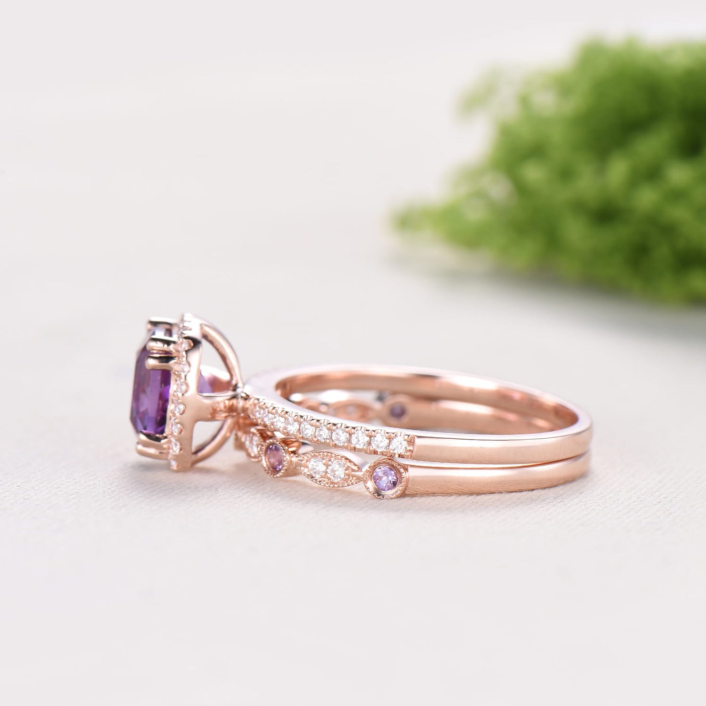Cushion cut amethyst wedding ring set 14k rose gold vintage antique amethyst engagement ring set for women Art deco halo diamond bridal set - PENFINE