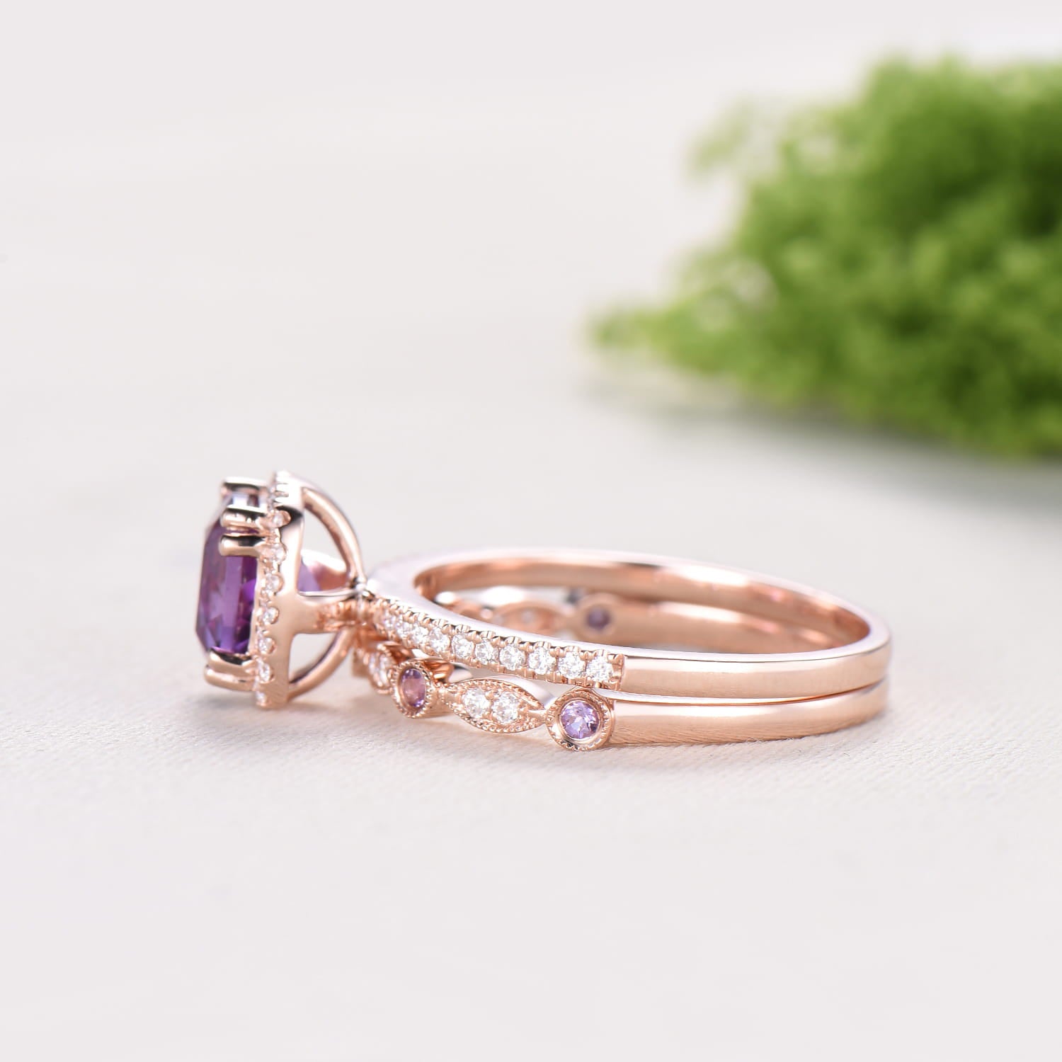 Cushion cut amethyst wedding ring set 14k rose gold vintage antique amethyst engagement ring set for women Art deco halo diamond bridal set - PENFINE