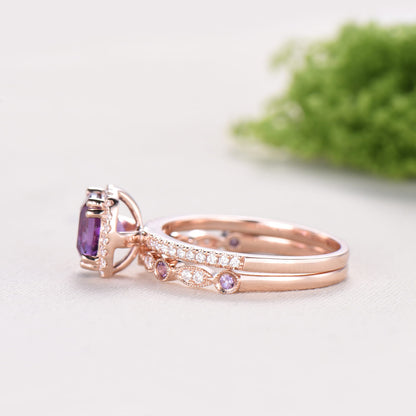 Cushion cut amethyst wedding ring set 14k rose gold vintage antique amethyst engagement ring set for women Art deco halo diamond bridal set - PENFINE