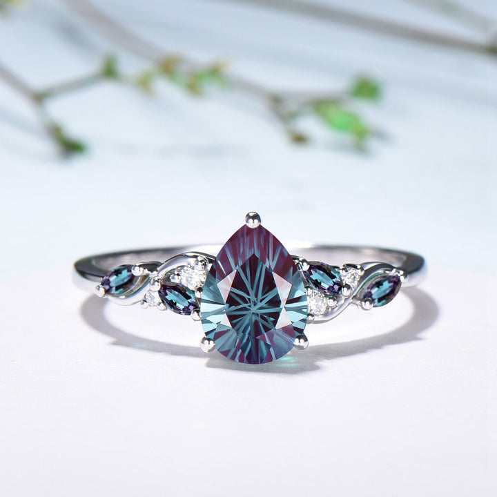 Nebula Teardrop Fireworks Cut Alexandrite Crown Engagement Ring Set: Moon Star Stacking Band - PENFINE