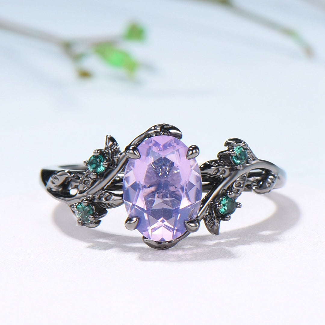 Gothic Oval Lavender Amethyst & Emerald Engagement Ring in Black Gold - Nature Inspired Elvish Vine Band - PENFINE