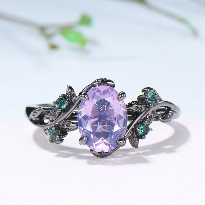 Gothic Oval Lavender Amethyst & Emerald Engagement Ring in Black Gold - Nature Inspired Elvish Vine Band - PENFINE