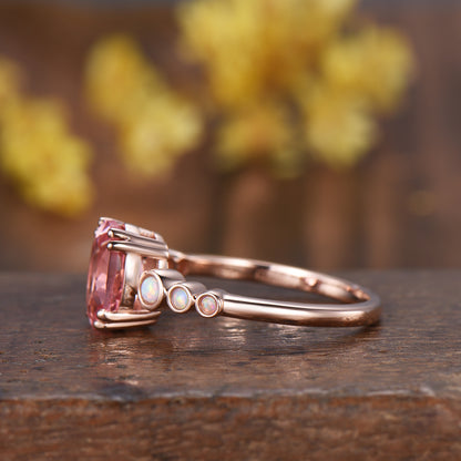 Oval Padparadscha Sapphire Ring with White Opal Band ¨C Engagement Bridal Ring