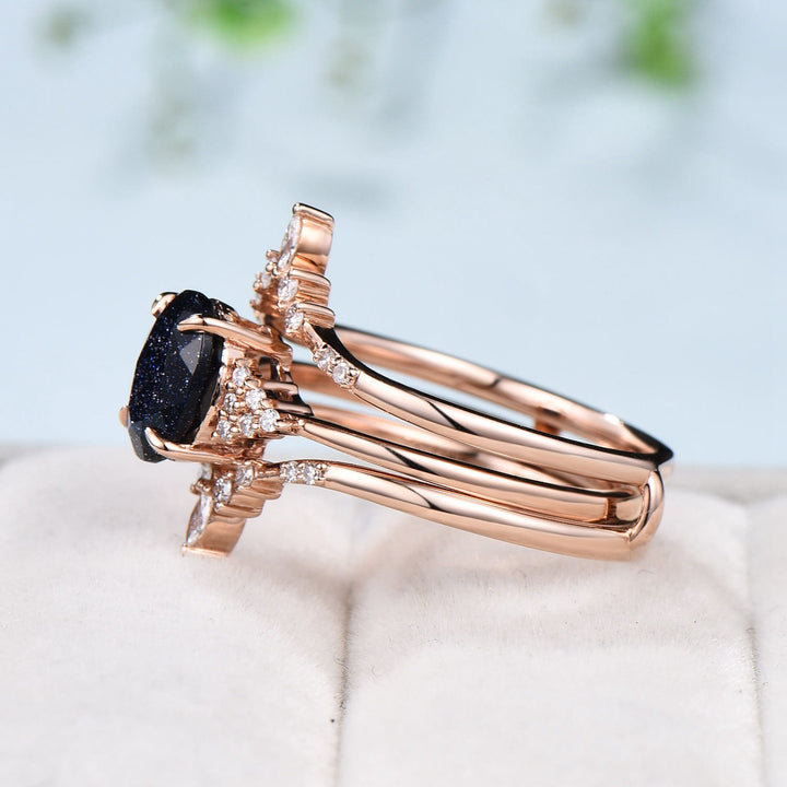 Unique Oval blue sandstone engagement ring set cluster moissanite  wedding ring set vintage double curved diamond stacking band for women - PENFINE