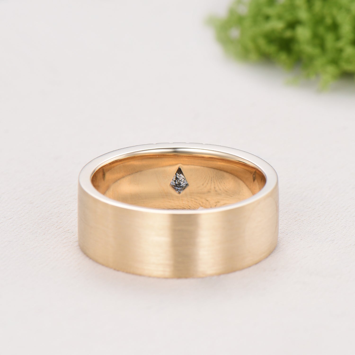 6mm Men's Ring Kite Cut Black Rutilated Quartz Brushed Finished Band Solitaire Wedding Ring Anniversary Band Gift For Men
