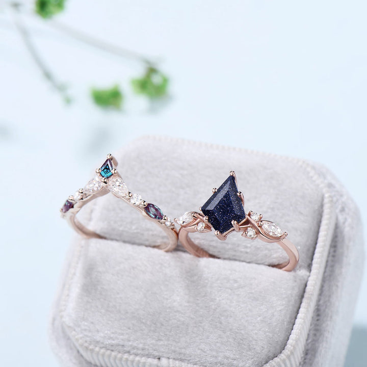 Unique Starry Sky Kite Cut Blue Sandstone Engagement Ring Set Kite Alexandrite Moissanite Bridal Set Antique Art Deco Wedding Ring Set - PENFINE