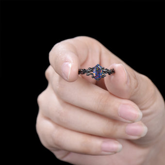 Long Hexagon Black Opal Engagement Ring Gothic Twig Vine Leaf Cluster Garnet Ring