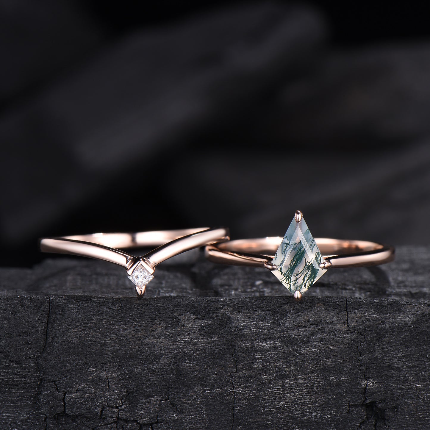 Vintage unique kite shaped green moss agate engagement ring set rose gold silver dainty princess cut moissanite bridal ring set for women