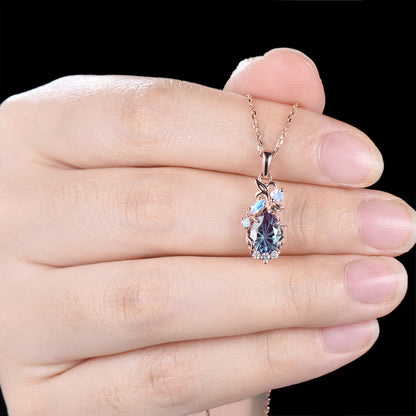 Floral Firework Cut Alexandrite Necklace 1.25CT Pear Shaped Alexandrite Moonstone Pendant