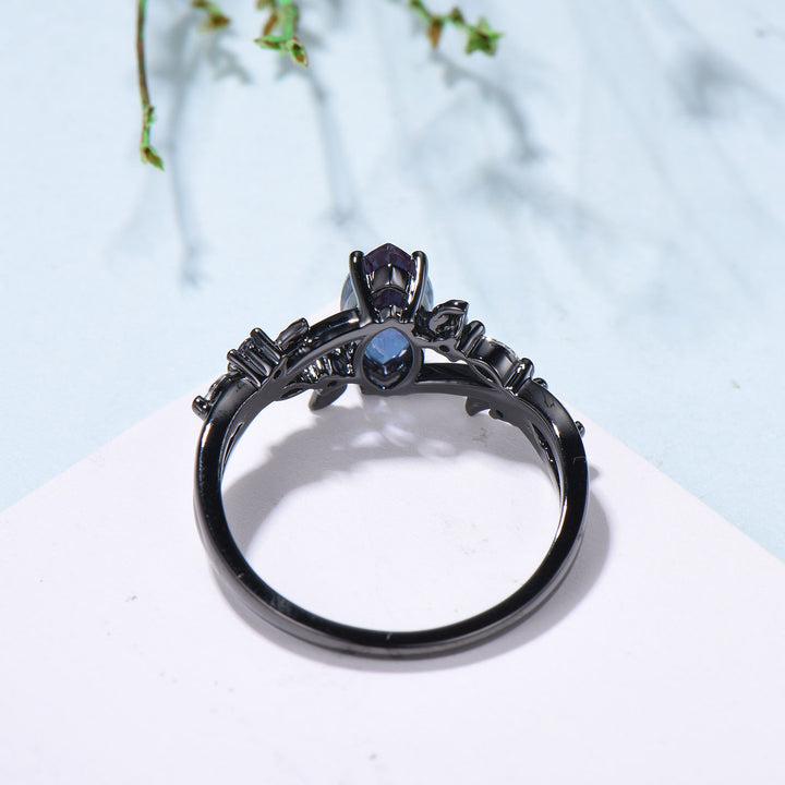 Unique Black Gold Alexandrite Ring Natural Inspired Gothic Marquise Cut Engagement Ring Leaves  Cluster Moonstone Split Shank Wedding Ring - PENFINE