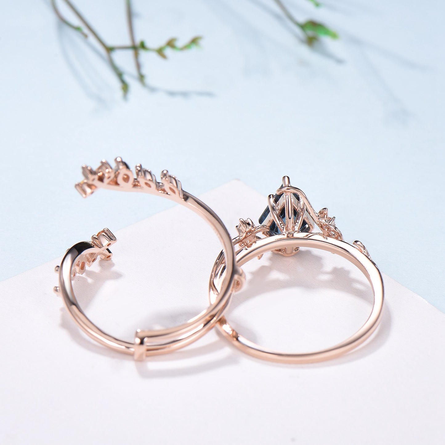 Unique gothic kite cut London blue topaz engagement ring set cluster diamond engagement ring leaf vine nature inspired citrine wedding set - PENFINE