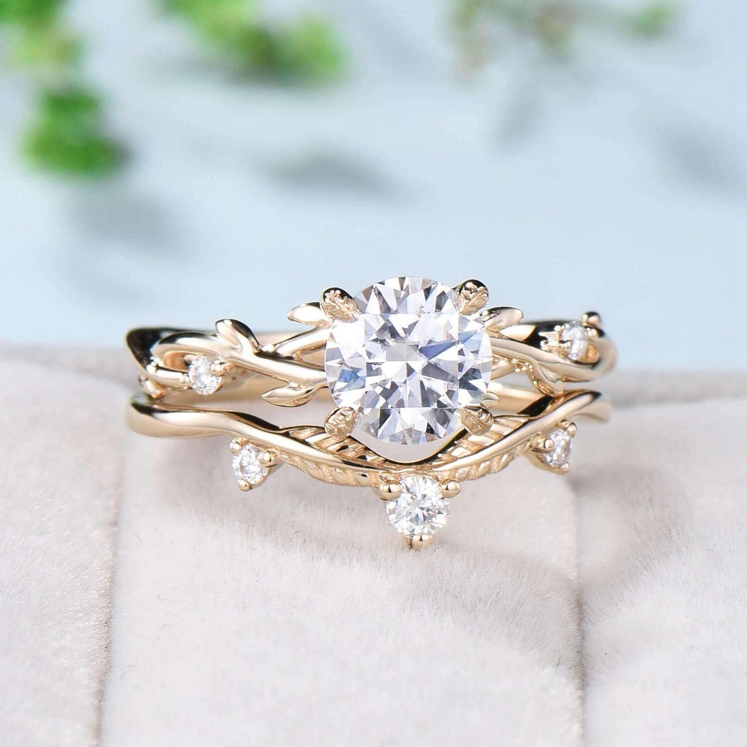 1CT Round Brilliant Moissanite Engagement Ring Set  Nature Inspired Branch Twig Moissanite Wedding Set Unique Leaf anniversary promise ring - PENFINE