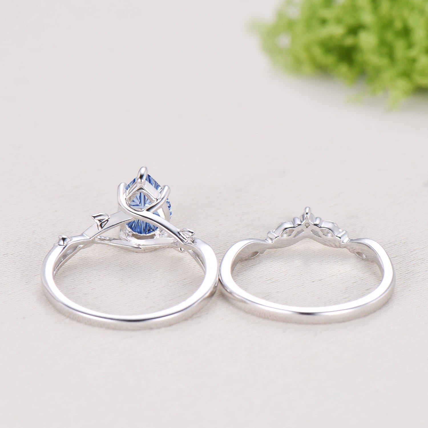 Cornflower Blue Lab Sapphire Engagement Ring Set | Pear Cut Starburst Twig Vine Wedding Set