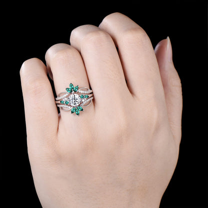 Unique 1CT Brilliant Moissanite Wedding Ring Set, Snowdrift Moissanite Emerald Engagement Ring Set