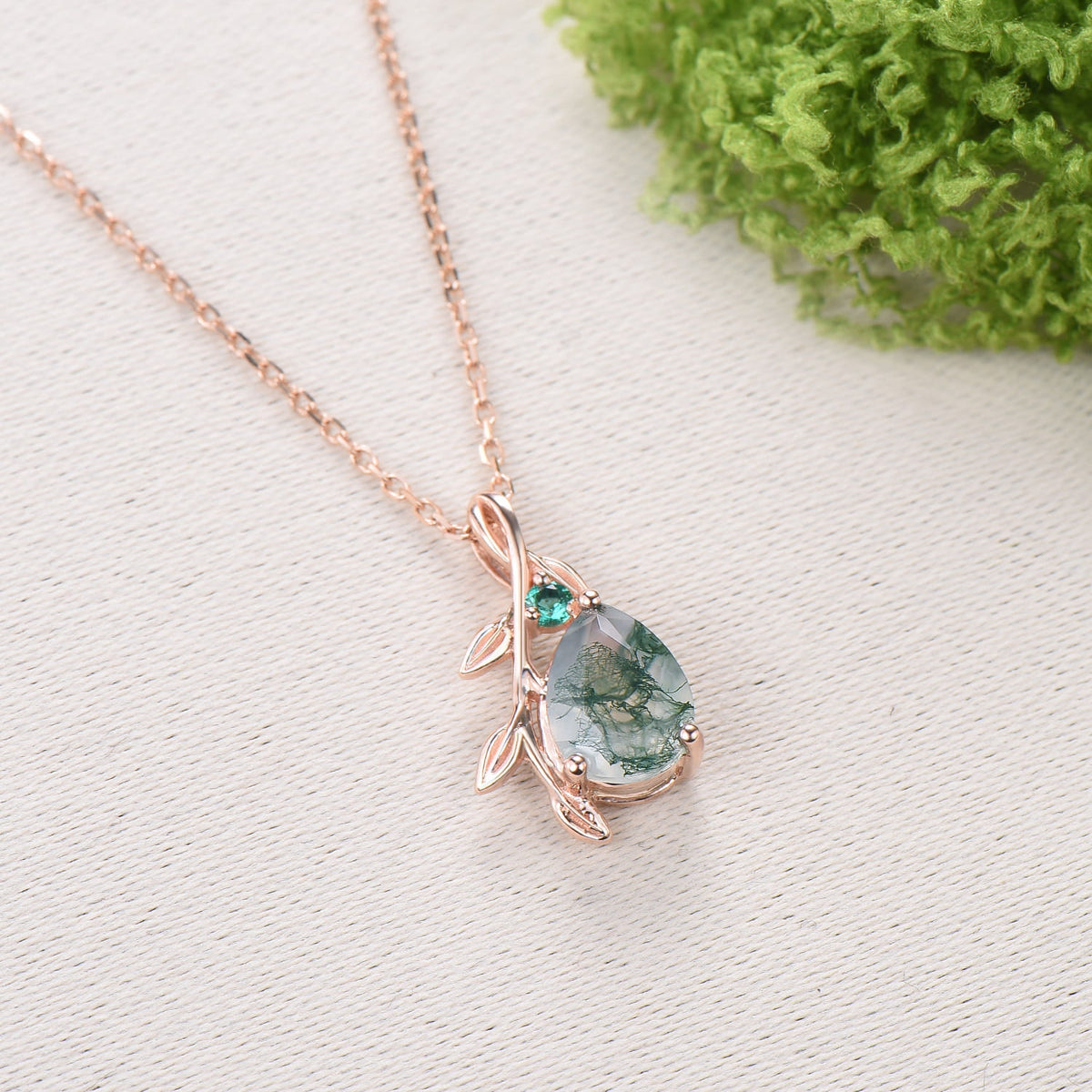 Natural Inspired Pear Shaped Moss Agate Pendant Necklace leaf branch emerald necklace silver rose gold green agate promise anniversary gifts