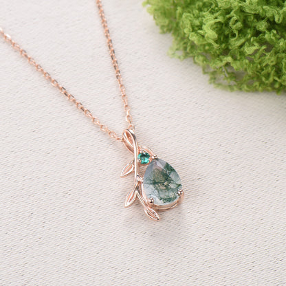 Natural Inspired Pear Shaped Moss Agate Pendant Necklace leaf branch emerald necklace silver rose gold green agate promise anniversary gifts