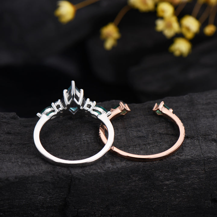 Vintage Kite Cut Alexandrite Engagement Ring Set, Art Deco Marquise Emerald Bridal Set, Unique Open Gap Stacking Band Wedding Set for Women